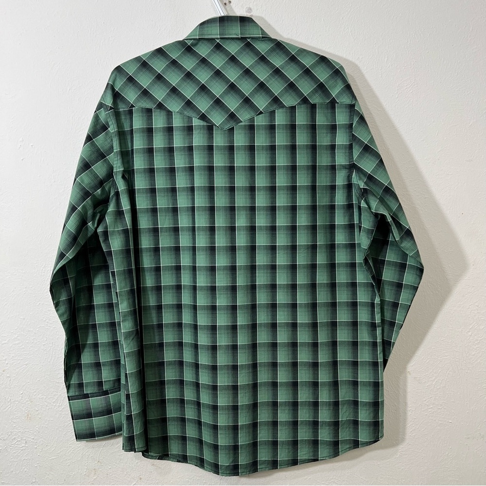 Wrangler Mens Green Plaid Front Pockets Brushpopper Pearl Snap Shirt Sz L - Picture 4 of 6